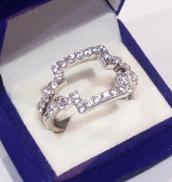 4.50 Ct Princess Engagement Ring Double halo Interlocking Bridal Wedding Band set White Gold Finish 925 Sterling Silver diamond simulants