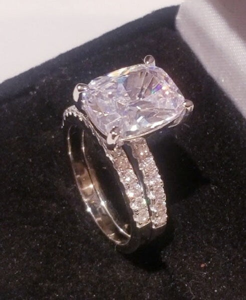 5 Ct Cushion cut Solitaire Engagement Ring Wedding Band Set Half Eternity Band Diamond simulated 925 Solid Sterling Round accent stones