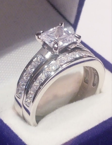 2 Ct Princess cut Moissanite Diamond Engagement ring Bridal Wedding ring set, Half Eternity Band, Anniversary Wedding gift, Wedding Band set