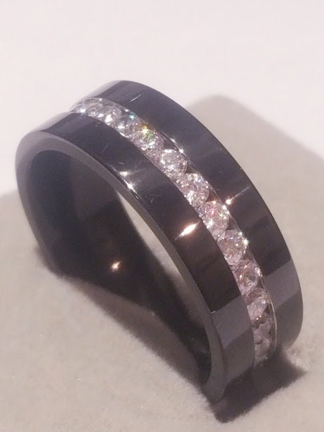 Mens Wedding ring,Mens Black Titanium Wedding Band, 2 Ct Round cut Eternity Band,Mens Eternity band, Mens anniversary gift,Gift for husband