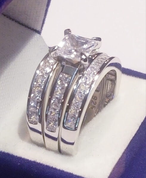 Princess cut Certified Moissanite Diamonds Two matching half eternity Bands Engagement ring Wedding set Platinum finish Solid Sterling