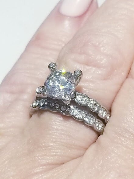 Clearance Sale! 3 Ct Round cut Solitaire Engagement ring half Eternity Band Bridal Wedding ring Bezel set cz Stainless Steel Travel Jewelry