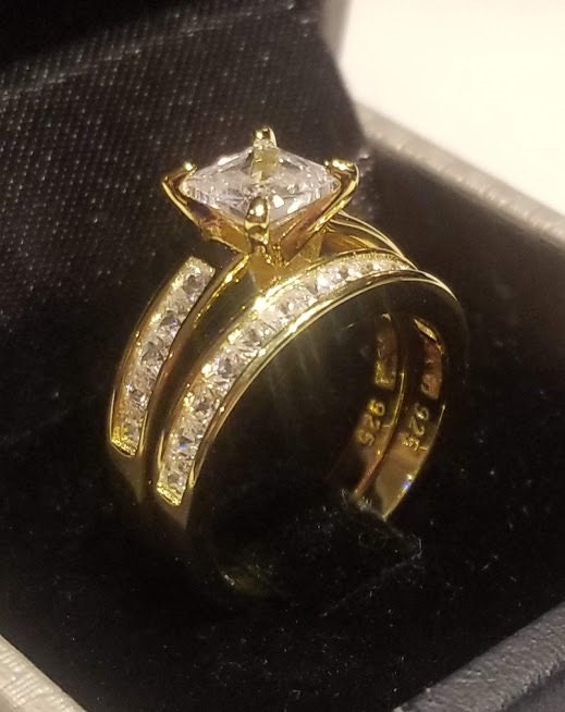 2.50 Ct Princess Wedding Set, Engagement ring wedding band,White or Yellow gold finish,Sterling Silver,simulated Diamonds,Half Eternity Band