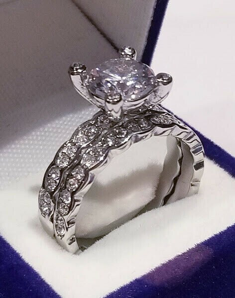 Clearance Sale! 3 Ct Round cut Solitaire Engagement ring half Eternity Band Bridal Wedding ring Bezel set cz Stainless Steel Travel Jewelry