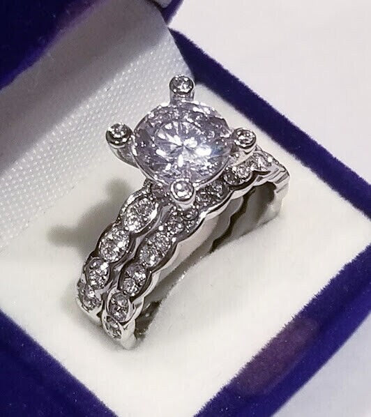 Clearance Sale! 3.00 Ct Round Solitaire Engagement ring half Eternity Band Bridal Wedding ring Bezel set cz Stainless Steel Travel Jewelry