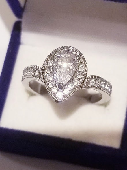 Pear cut Halo Solitaire, Pave Engagement ring, Bridal Promise ring, cz stainless steel,Travel Jewelry ring,non-tarnishing,minimalist jewelry
