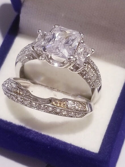 Radiant cut Wedding set, 3 Stone Engagement Ring,Emerald cut rings, Antique design, Pave set stones, half eternity band, Anniversary Style