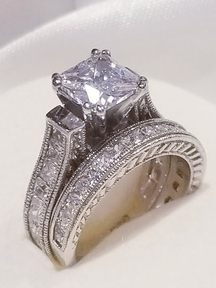 3.50 Ct Princess cut Solitaire Engagement Ring, Bridal Wedding Set, antique Style, Half Eternity Band, 925 solid sterling, Diamond simulants