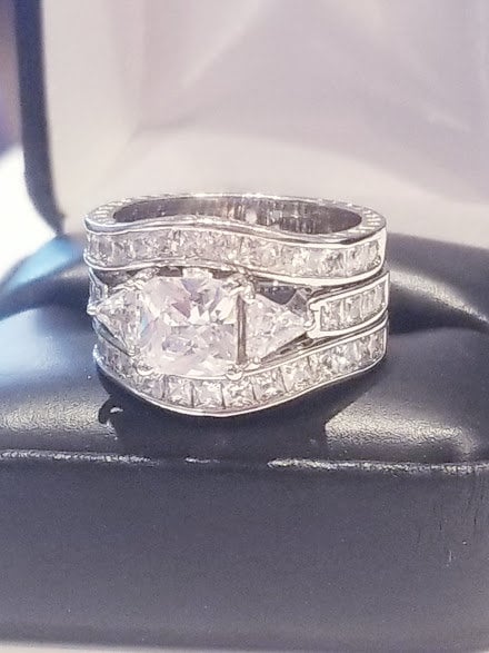 4 ct Princess Engagement Ring Double Band Wedding Ring Set Diamond Simulated 925 Sterling Silver Three stone Half Eternity band Channel set