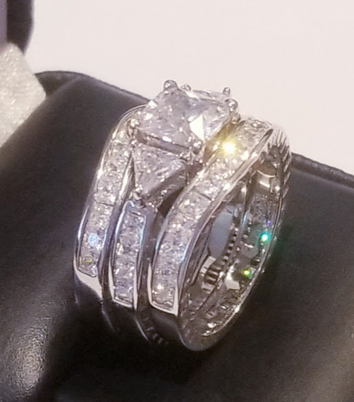 4 ct Princess Cut Engagement Ring Double Band Wedding Ring Set Diamond Simulated 925 Sterling Silver Women's Bridal Set Half Eternity Band