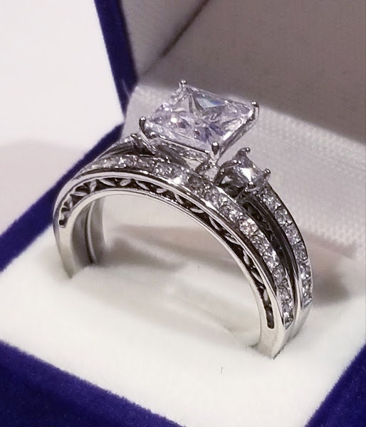 2 Ct Princess Three stone Engagement ring Wedding set half Eternity Band Bridal Wedding ring set cz Stainless Steel Minimalist Antique Style