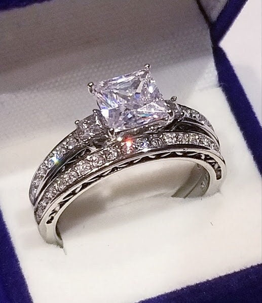 2 Ct Princess Three stone Engagement ring Wedding set half Eternity Band Bridal Wedding ring set cz Stainless Steel Minimalist Antique Style