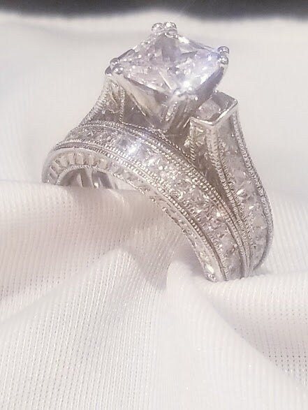 3 ct Princess Wedding Ring Set Engagement Ring Wedding Band Diamond Simulated 925 Sterling Silver Women's Bridal Set Half Eternity Ring