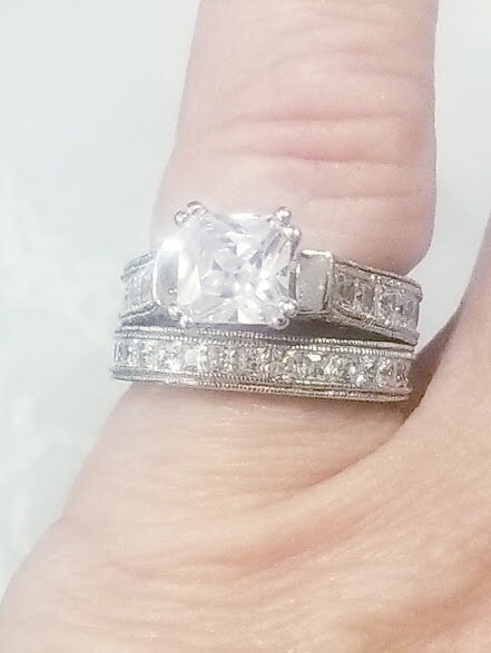 3 ct Princess Wedding Ring Set Engagement Ring Wedding Band Diamond Simulated 925 Sterling Silver Women's Bridal Set Half Eternity Ring