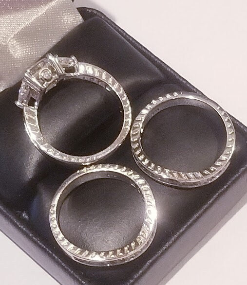 4 ct Princess Engagement Ring Double Band Wedding Ring Set Diamond Simulated 925 Sterling Silver Three stone Half Eternity band Channel set