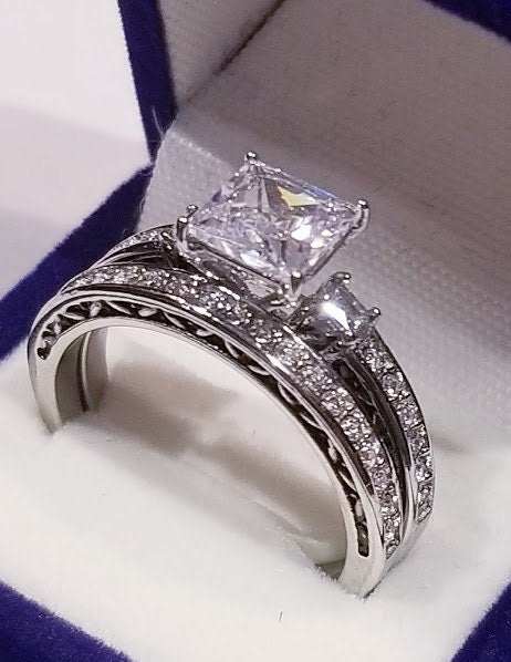 2 Ct Princess Three stone Engagement ring Wedding set half Eternity Band Bridal Wedding ring set cz Stainless Steel Minimalist Antique Style