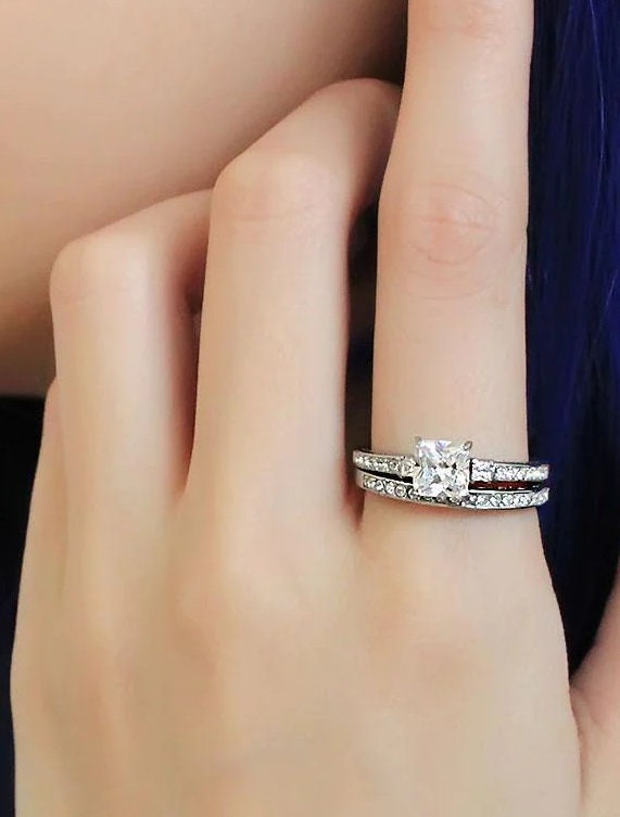 2 Ct Princess Three stone Engagement ring Wedding set half Eternity Band Bridal Wedding ring set cz Stainless Steel Minimalist Antique Style