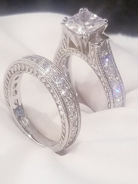 3 ct Princess Wedding Ring Set Engagement Ring Wedding Band Diamond Simulated 925 Sterling Silver Women's Bridal Set Half Eternity Ring