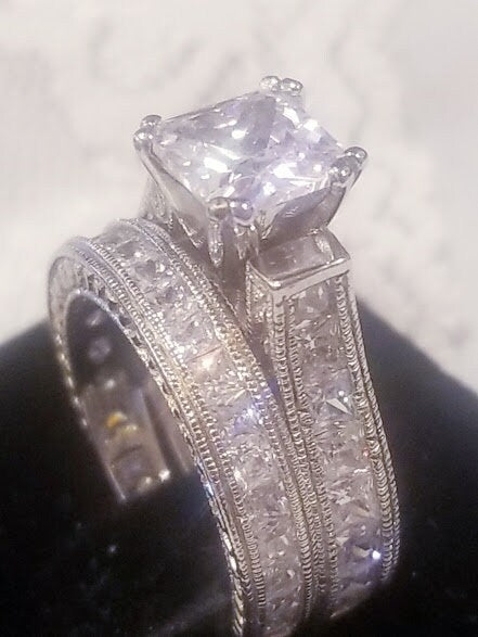 3 ct Princess Wedding Ring Set Engagement Ring Wedding Band Diamond Simulated 925 Sterling Silver Women's Bridal Set Half Eternity Ring