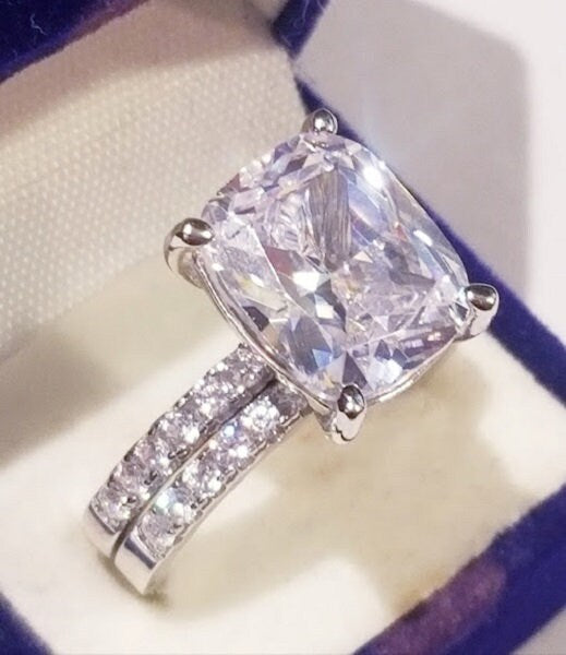 5.00 Ct Cushion cut Engagement Ring,bridal wedding ring set,half eternity band Anniversary Ring, 925 Solid Sterling Silver Diamond simulated