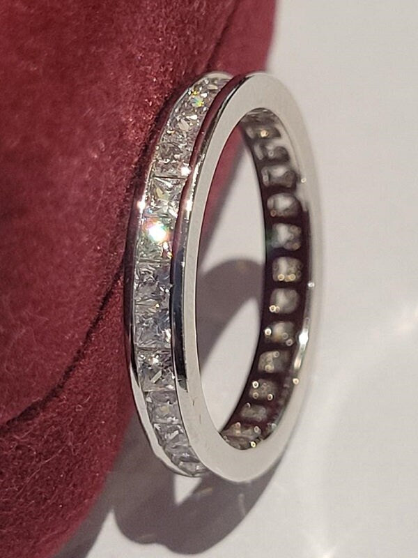 Princess eternity ring, Channel set wedding band, guard style ring, Diamond simulants, 925 Solid sterling, princess bridal eternity ring