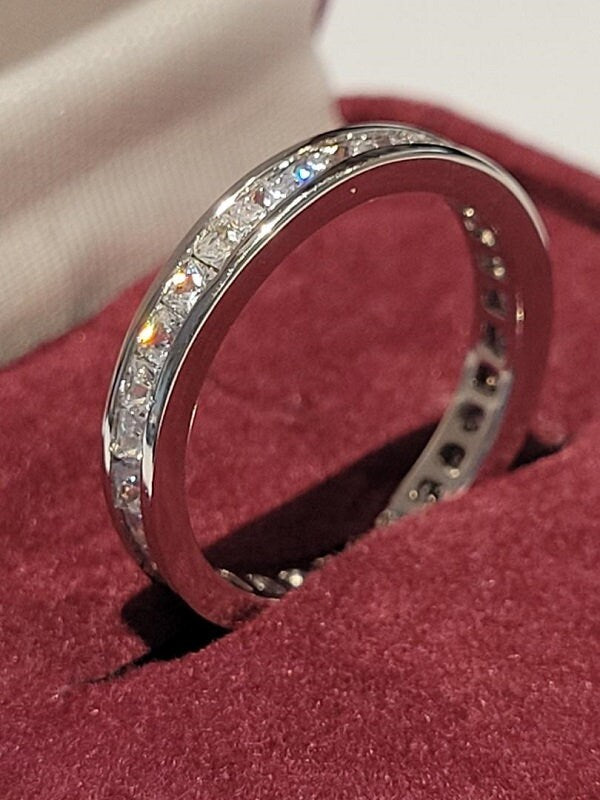 Princess eternity ring, Channel set wedding band, guard style ring, Diamond simulants, 925 Solid sterling, princess bridal eternity ring