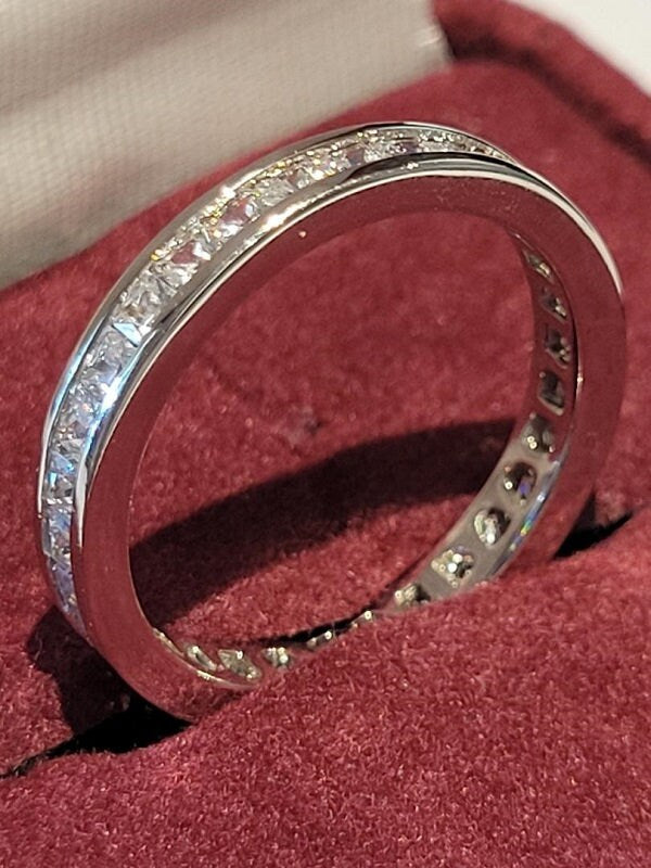 Princess eternity ring, Channel set wedding band, guard style ring, Diamond simulants, 925 Solid sterling, princess bridal eternity ring