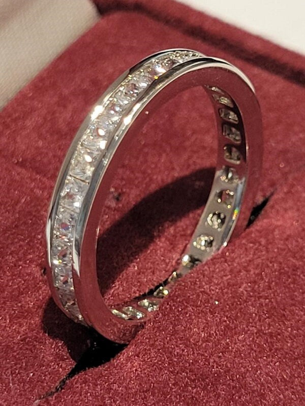 Princess eternity ring, Channel set wedding band, guard style ring, Diamond simulants, 925 Solid sterling, princess bridal eternity ring
