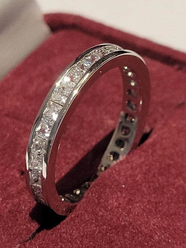 Princess eternity ring, Channel set wedding band, guard style ring, Diamond simulants, 925 Solid sterling, princess bridal eternity ring