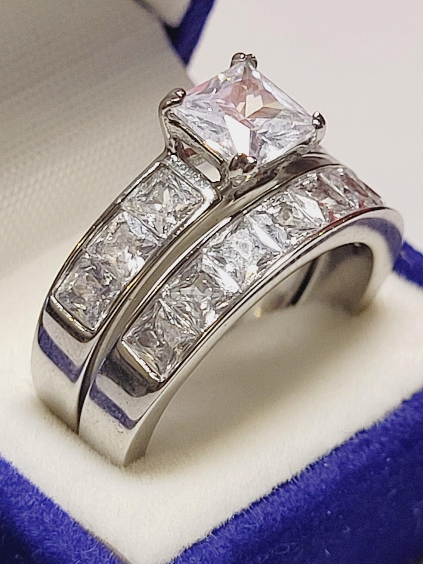 Clearance Sale 3 Ct Princess Solitaire Engagement ring half Eternity Wedding Band Bridal Wedding ring set cz Stainless Steel Travel Jewelry