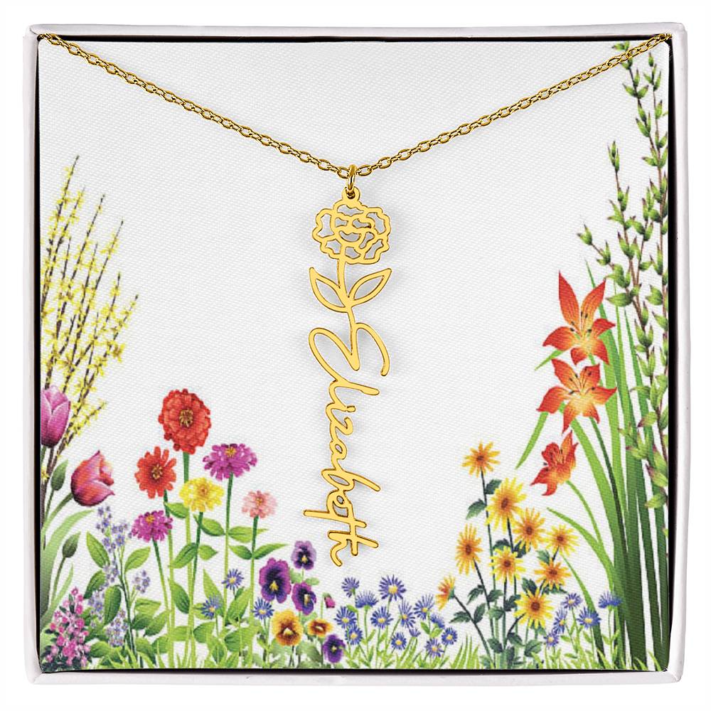 Beautiful Birth Flower Custom Name Necklace 16 - 18 inches in Silver or Gold