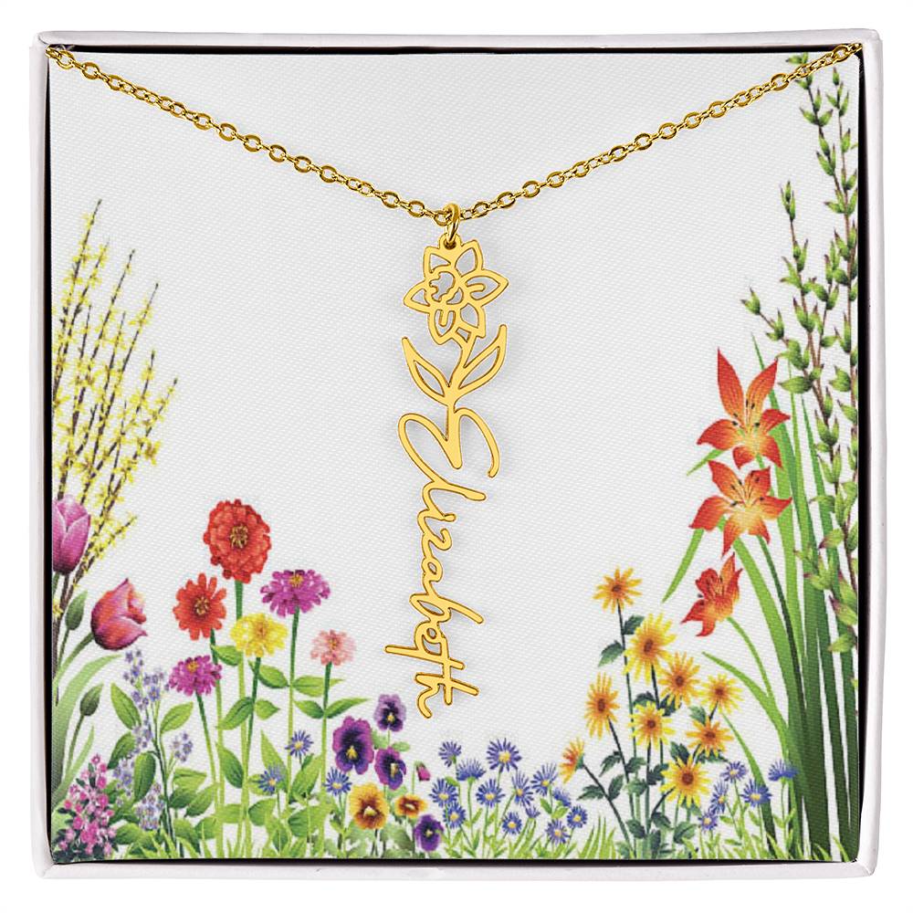 Beautiful Birth Flower Custom Name Necklace 16 - 18 inches in Silver or Gold