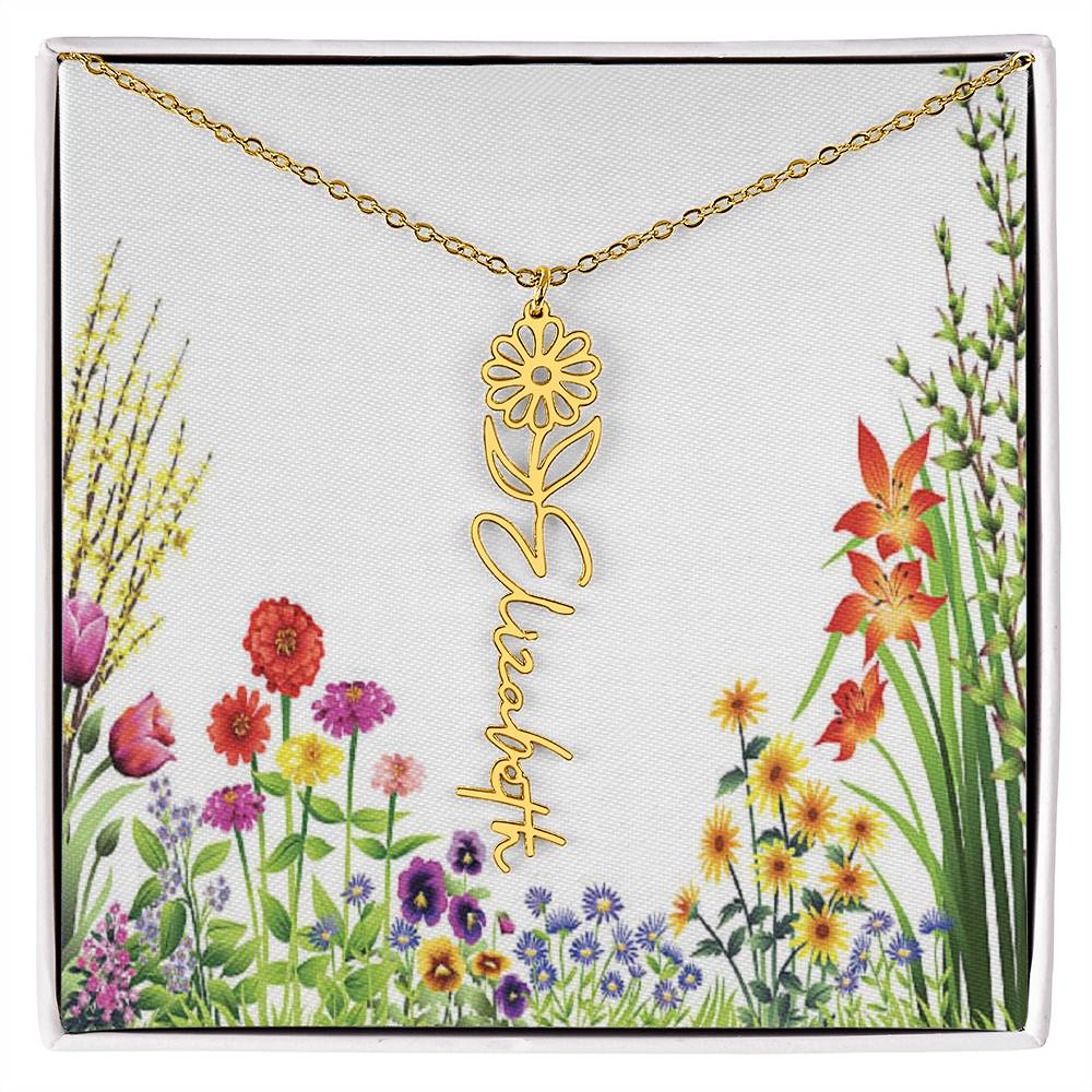 Beautiful Birth Flower Custom Name Necklace 16 - 18 inches in Silver or Gold