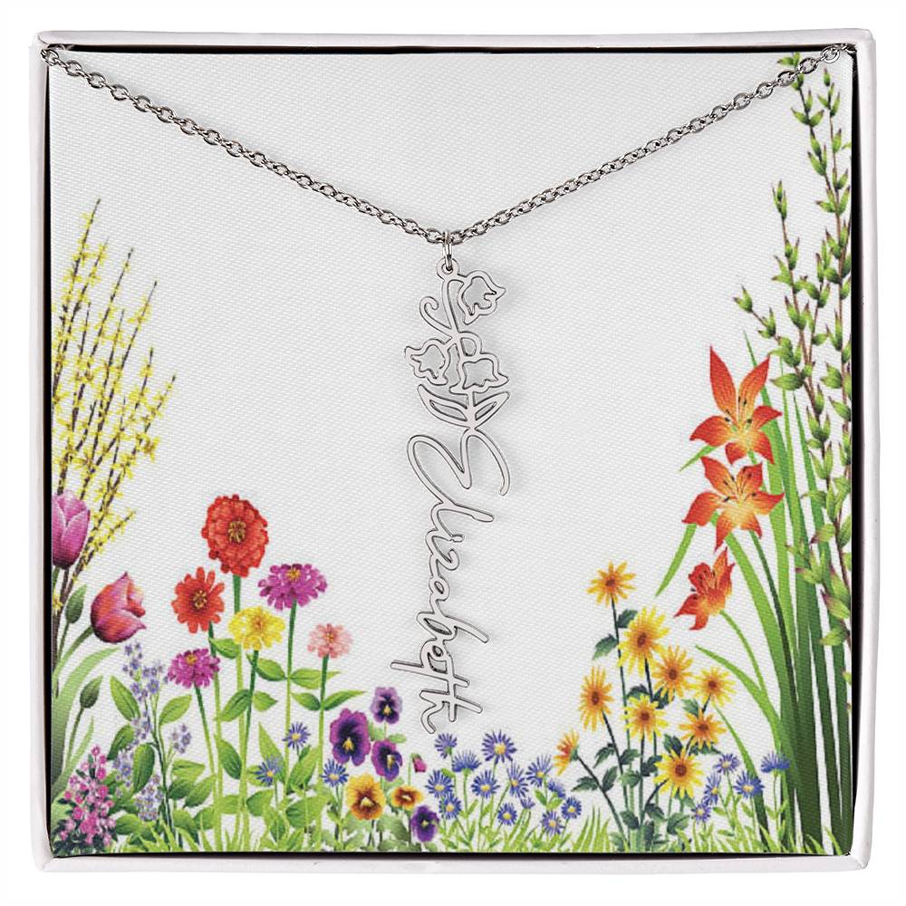 Beautiful Birth Flower Custom Name Necklace 16 - 18 inches in Silver or Gold