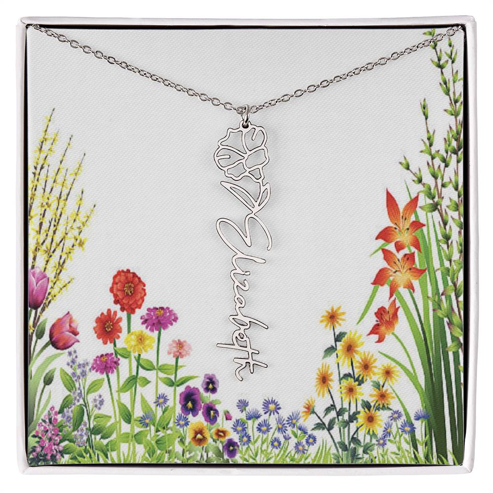 Beautiful Birth Flower Custom Name Necklace 16 - 18 inches in Silver or Gold