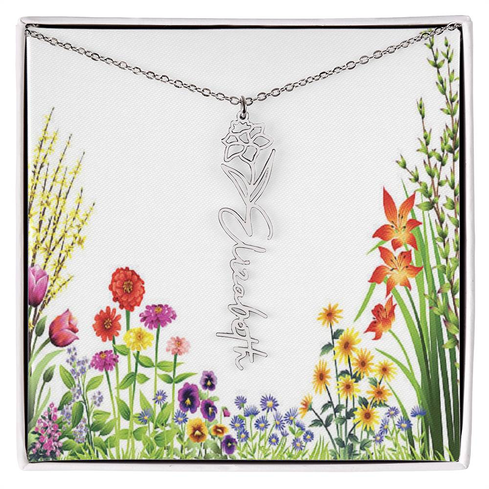 Beautiful Birth Flower Custom Name Necklace 16 - 18 inches in Silver or Gold