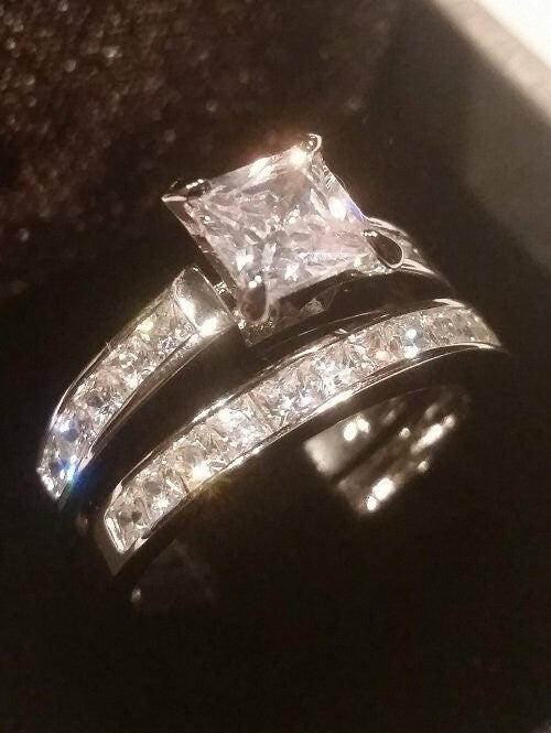 2.20 Ct Real Princess cut Certified Moissanite Diamonds half eternity Bands Engagement ring Wedding set White Gold finish 925 Solid Sterling