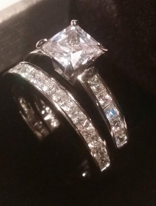 2.20 Ct Real Princess cut Certified Moissanite Diamonds half eternity Bands Engagement ring Wedding set White Gold finish 925 Solid Sterling