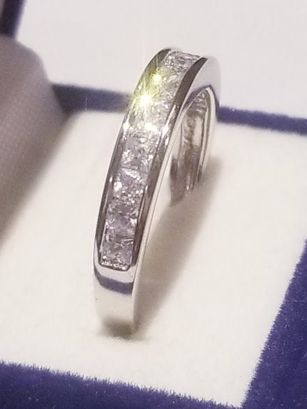 Princess Channel set Band, Half eternity Band, Stackable bridal Wedding ring, Diamond simulants, 925 sterling silver, 14k White Gold Finish