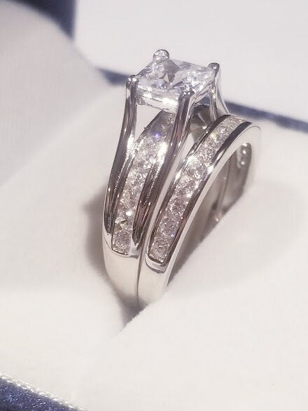 2.50 Ct Princess Solitaire Engagement Ring Bridal Wedding Ring Set half eternity band Channel set design Wedding Jewelry Travel wedding set