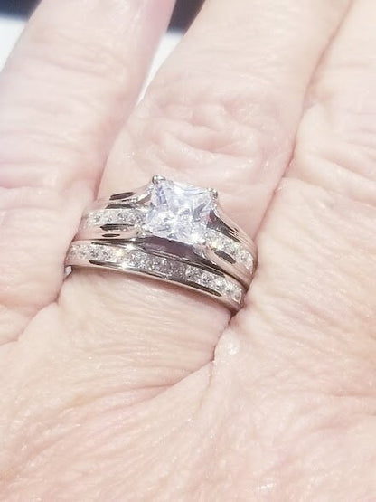 2.50 Ct Princess Solitaire Engagement Ring Bridal Wedding Ring Set half eternity band Channel set design Wedding Jewelry Travel wedding set