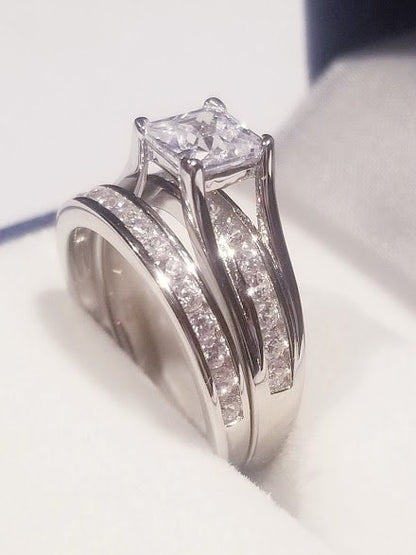 2.50 Ct Princess Solitaire Engagement Ring Bridal Wedding Ring Set half eternity band Channel set design Wedding Jewelry Travel wedding set