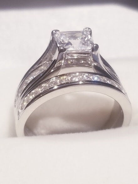 2.50 Ct Princess Solitaire Engagement Ring Bridal Wedding Ring Set half eternity band Channel set design Wedding Jewelry Travel wedding set