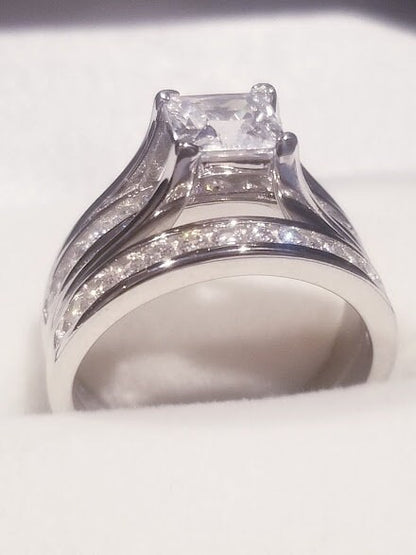 2.50 Ct Princess Solitaire Engagement Ring Bridal Wedding Ring Set half eternity band Channel set design Wedding Jewelry Travel wedding set