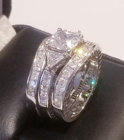 4 ct Princess Engagement Ring Double Band Wedding Ring Set Diamond Simulated 925 Sterling Silver Three stone Half Eternity band Channel set