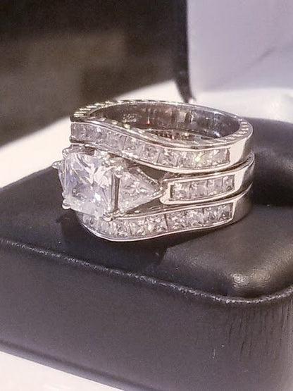 4 ct Princess Engagement Ring Double Band Wedding Ring Set Diamond Simulated 925 Sterling Silver Three stone Half Eternity band Channel set