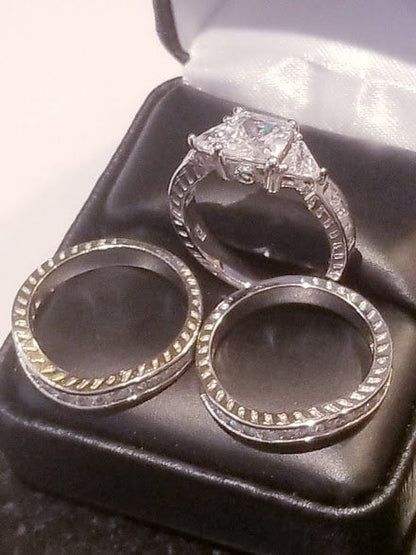 4 ct Princess Engagement Ring Double Band Wedding Ring Set Diamond Simulated 925 Sterling Silver Three stone Half Eternity band Channel set
