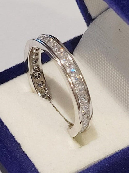 Princess cut eternity Band Stackable bridal Wedding ring, ring guard style,diamond simulants, 925 Solid sterling silver,Channel set eternity