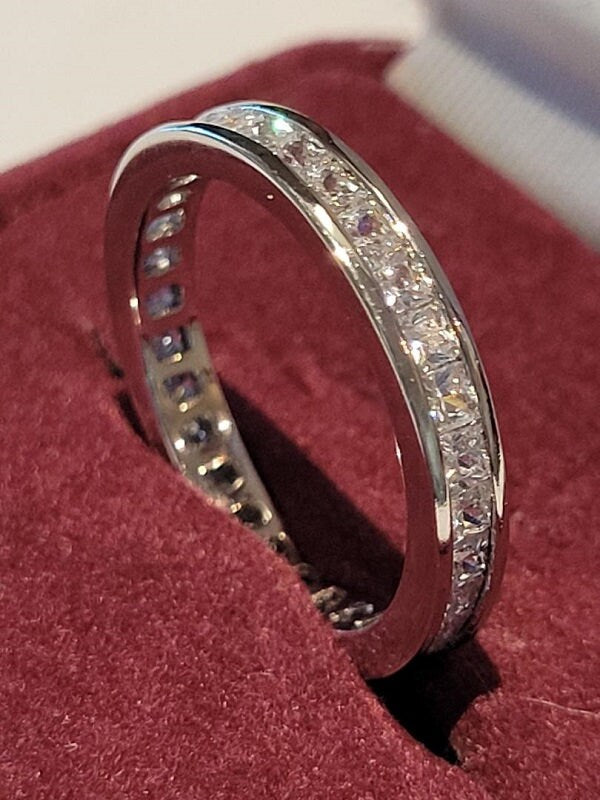 Princess eternity ring, Channel set wedding band, guard style ring, Diamond simulants, 925 Solid sterling, princess bridal eternity ring