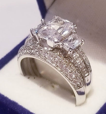 Ct Radiant cut Engagement Ring Wedding Band Set,antique design,Pave set,half eternity band, Stone Style, Diamonds simulated,925 Sterling